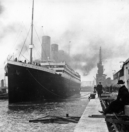 The misty, evocative, eternally tragic Titanic, docked at Southampton in 1912.