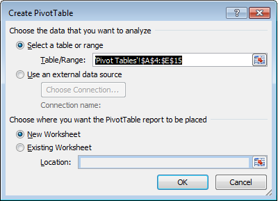 Configuring the range and position of your new pivot table in Excel 2007 or Excel 2010.