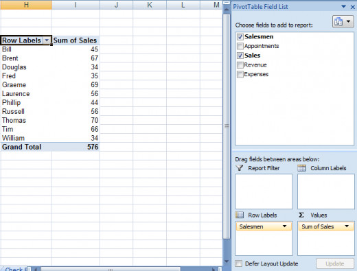 Using Field list to build a pivot table in Excel 2007 or Excel 2010.