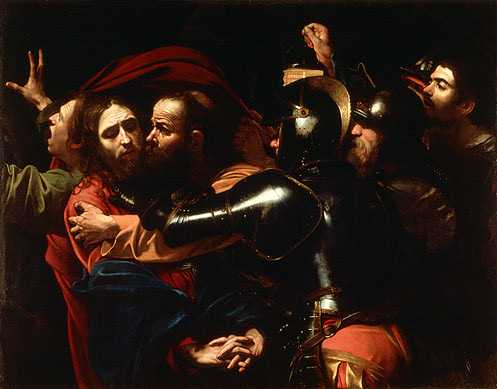 The Taking of Christ, by Caravaggio (c. 1600). Judas is kissing Jesus to indicate him to the guards of the priests.