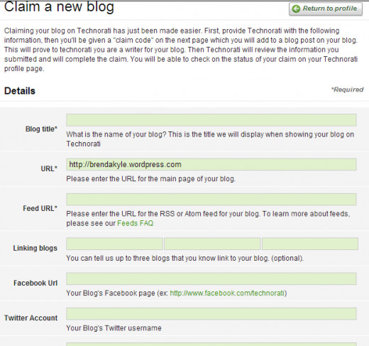 First section to complete about your blog that you are claiming.