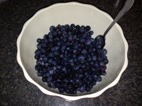 The blueberries and other ingredients are thoroughly mixed.  Notice they are somewhat mushed from the mixing.