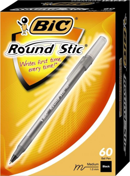 BIC Round Stic Ball Pen, Medium Point, 1.0 mm, Black, 60 Pens (GSM609-Blk)