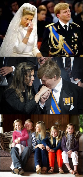 upper -Dutch royal wedding; middle- the royal couple during Pope Francis' inauguration in Vatican; bottom - royal family