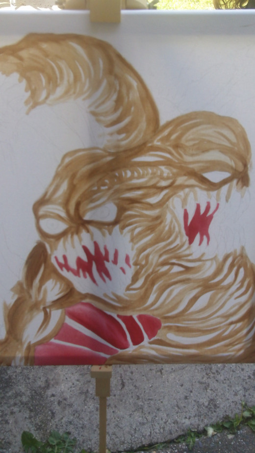 Crimson red painted in the background and the creatures mouth