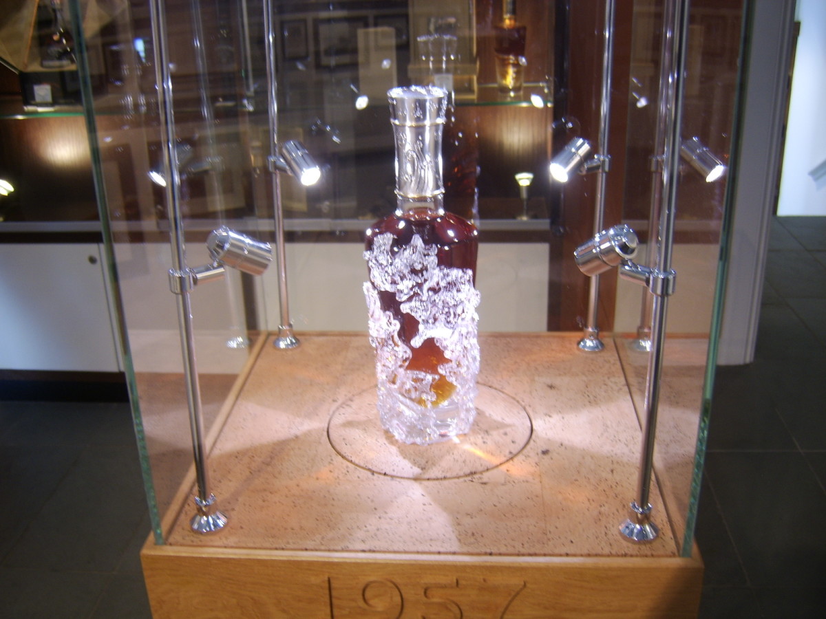 Bowmore 1957 single malt whisky in display case at Bowmore Distillery, Islay