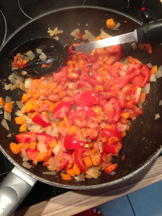 Adding the veggie's and ingredients to the frying pan