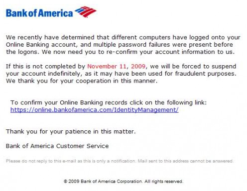 Figure 6.  Bogus Bank of America Email