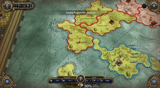 The dragon commander starts with a capital in Orcha. Try to create a landlocked Orcha to prevent land attack on the capital. Note that the button on the right ends each turn.