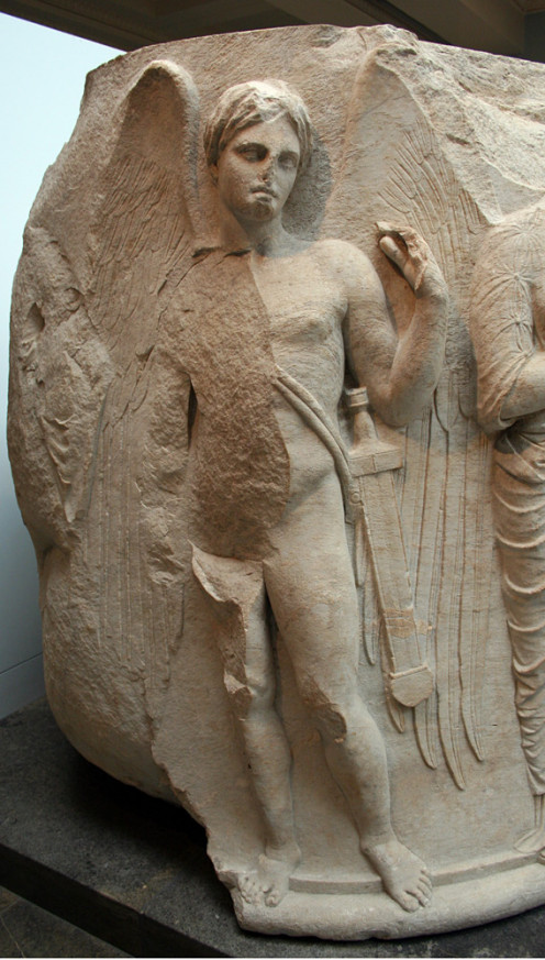 Winged youth with a sword, probably Thanatos, personification of death. Detail of a sculptured marble column drum from the Temple of Artemis at Ephesos, ca. 325-300 BC. Found at the south-west corner of the temple.
