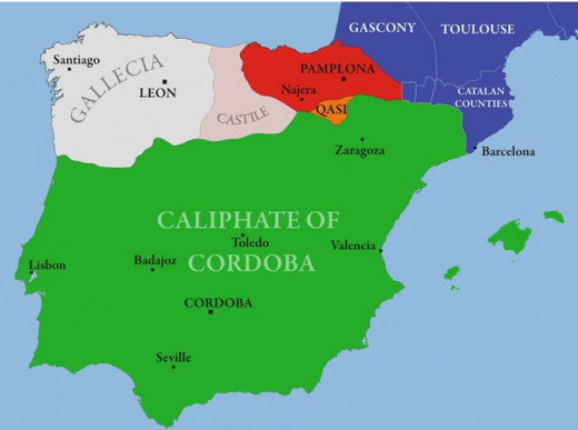 Green Area shows maximum extent of Andalusia (Al-Ándalus) under Moorish rule - Christian Conquests had shrunk this area considerably by time Ibn Khaldun's parents left area.