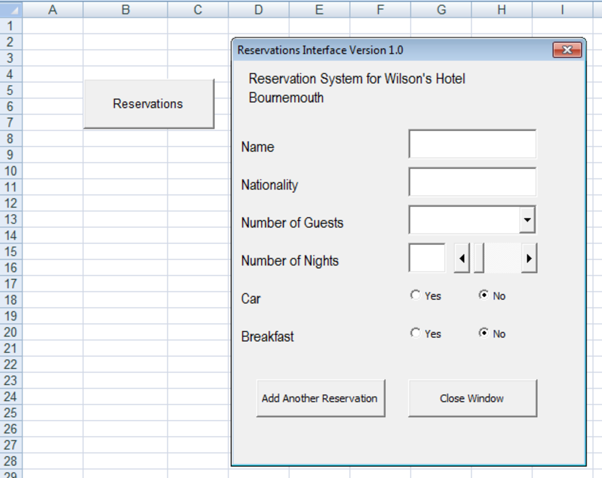 User Interface for Hotel Reservations created using a UserForm in Excel 2007 and Excel 2010.