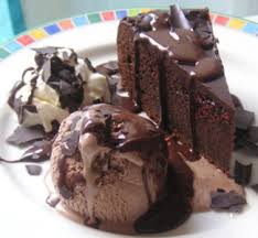moist chocolate cake with ice cream and chocolate souce