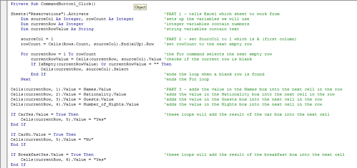 Visual Basic script used to configure a command button in a UserForm in Excel 2007 or Excel 2010.