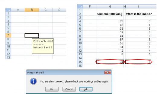 Examples of data validation in Excel 2007 and Excel 2010. An Input message appears on the left, data validation circles on the right,  and finally a customisable Information alert is shown on the bottom..