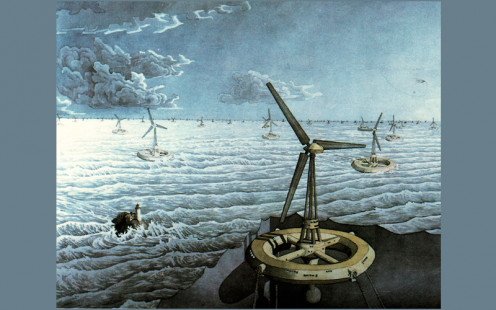 Clean energy is produced by windmills the size of oil rafts that are bobbing in the sea many miles out of the coast. The electricity is used to split the sea water hydrogen and oxygen. The hydrogen is pumped to the shore for use in fuel cells.