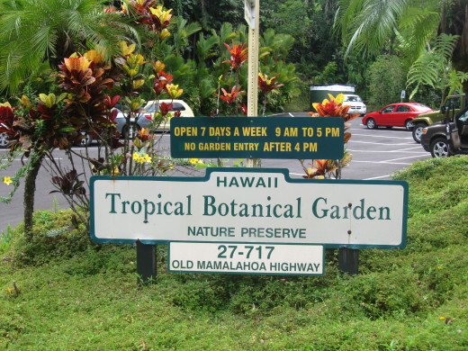 Sign welcoming visitors to the Hawaii Tropical Botanical Garden Nature Preserve located at 27-717 Old Mamalahoa Highway, Hawaii