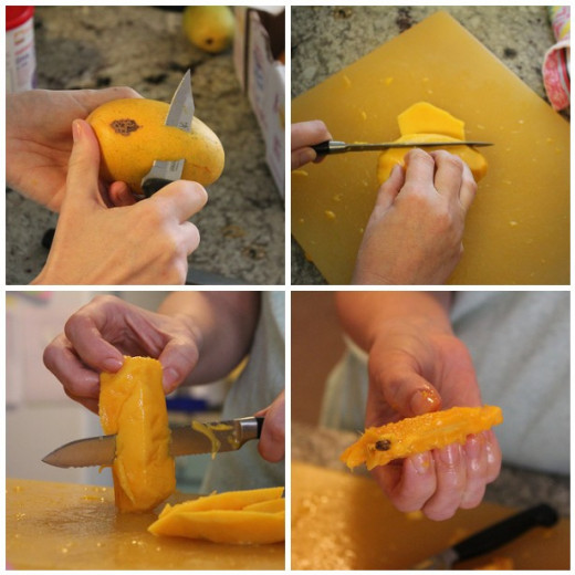 1) peel the mango  2) cut in in large slices all around the middle core 3) cut any remaining flesh you can off of the mango 4) throw away the core 5) cut into small squares or long thin strips for your tacos
