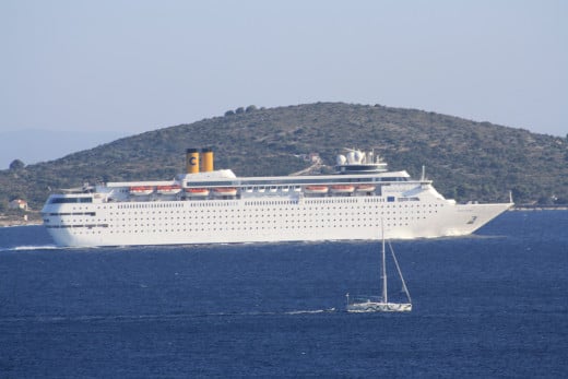 Cruise ship in the Adriatic sea and island view from the terrace, Croatia