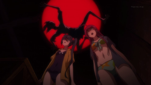 Suzuno aka Crestia (left) and Emi aka Emilia (right) being scared for their lives in a haunted house.