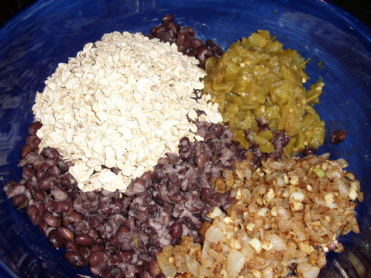 Everyone is in the pool: oatmeal, chilis and the onion, cumin and garlic mixture.