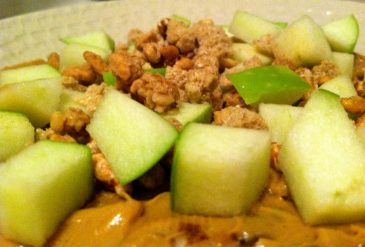 Yummy granola wraps with peanut butter and green apple. 
