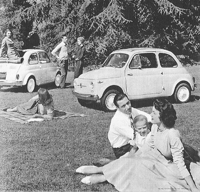 Happy families do a pic nic with their Fiat 500s. This mythical car has contributed to the motorization of Italy in the 1950s and 1960 and is still in the hearts of the Italians.