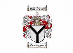Coat of Arms for the Cunningham Family, featuring the words "Over  Fork Over"