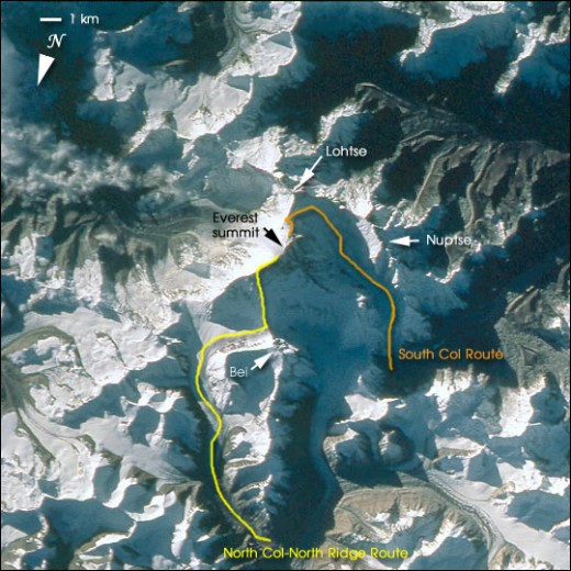  NASA photograph STS058-101-12 with overlay showing climbing routes 