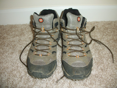 Front View. Merrill Moab Gortex waterproof hiking boots.  Other good brands include Keen, Vasque, Aslo.  Try on several pairs and find the ones that work best for you.