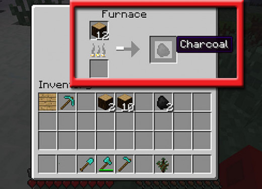 Burning raw wooden blocks in a furnace is another way to provide quick fuel. In this method, "charcoal" is made, instead of its identical ore counterpart.