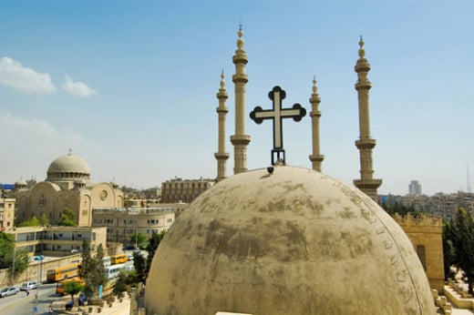 Mosques and churches standing side by side in the Soulimanya neighborhood of Aleppo, Syria.  (photo: Spencer Osberg)  