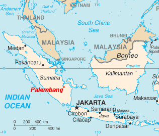 Location of Palembang in relation to Singapore