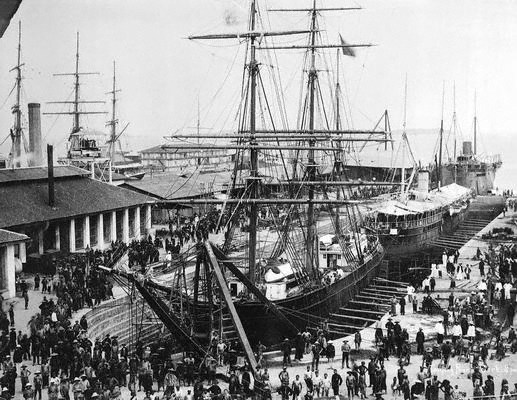 Ships docking at the busy Victoria Dock, Tanjong Pagar in the 1890s