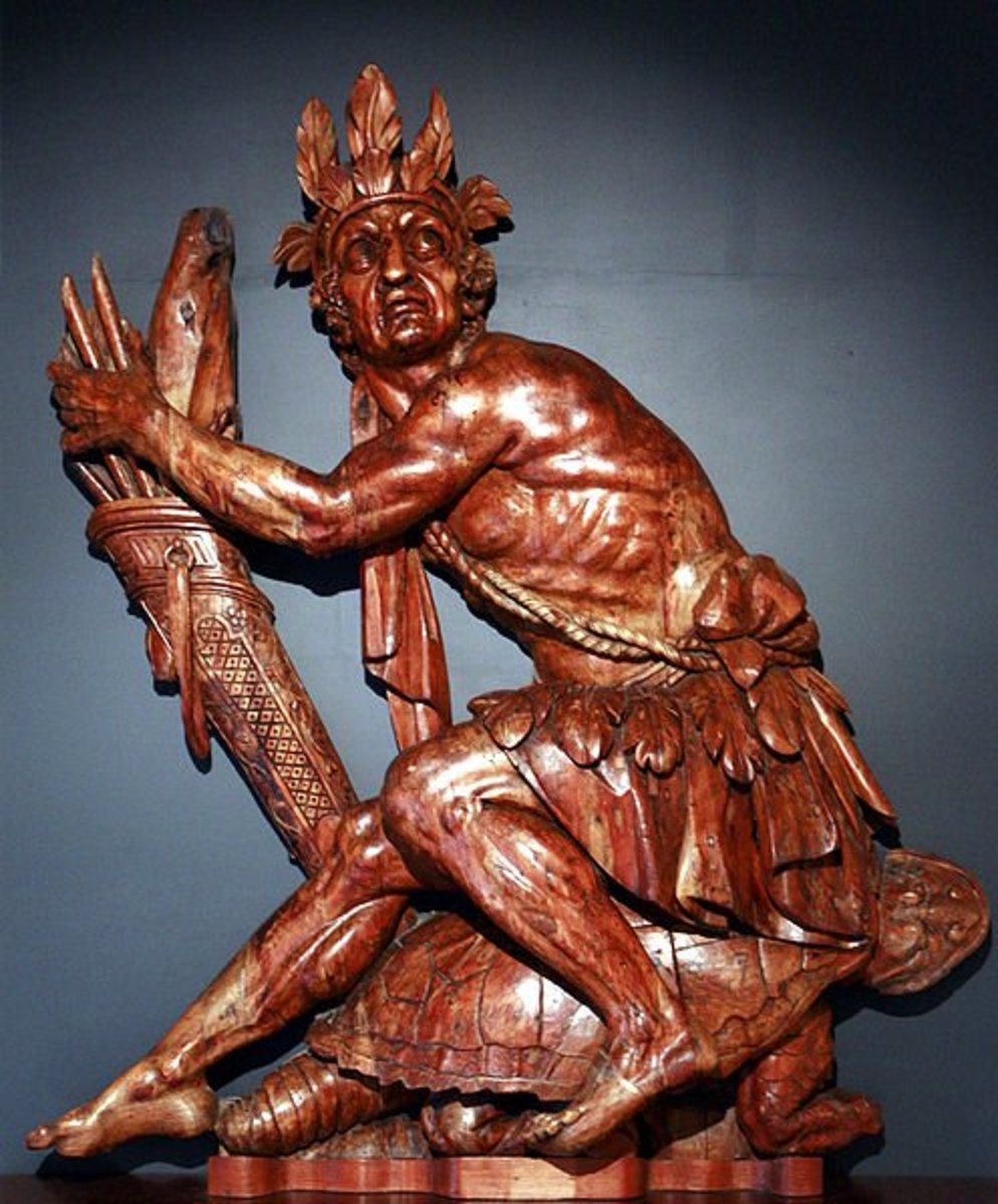 Statue of Iroquois Native American sitting on a turtle from Iroquois creation mythology
