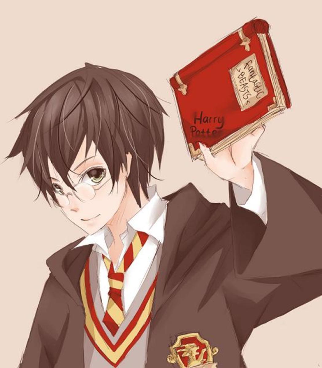 Fan art depicting Harry Potter with a copy of Newt Scamanders "Magical Beasts and Where to Find Them."