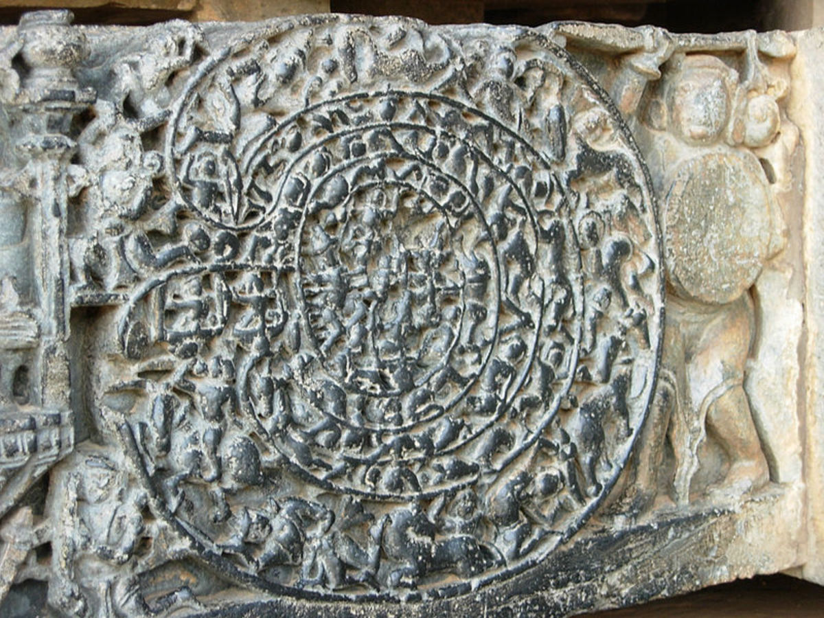Carving stone labyrinth,  Hoysaleswara temple, Hatebidu, India.