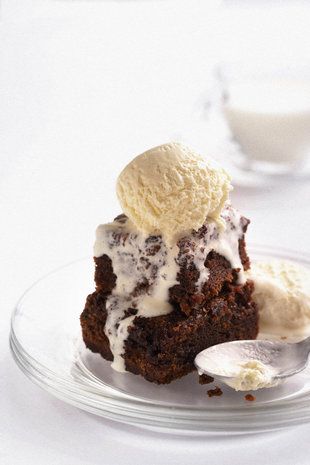Delicious Brownie With Vanilla Ice Cream. The glass of cold milk just adds to the wonderful flavor. 