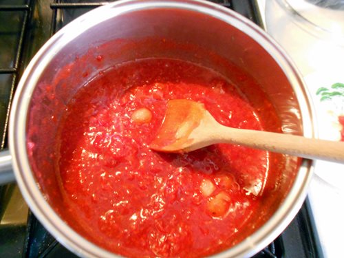 Add the sugar to the hot fruit mixture and stir until dissolved. Leave to cool before transferring to a suitable covered container for storing in the fridge.