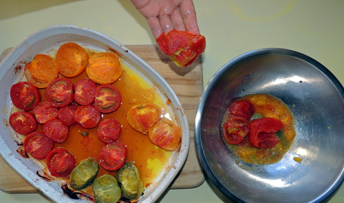 peel. Place halved side DOWN in bowl to do this & pinch off skin & discard. Set bowl aside for now
