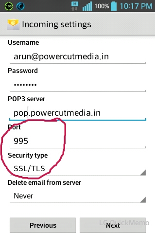Incoming Mail Settings With SSL On