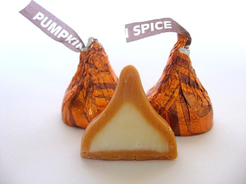 These kisses include white chocolate with a pumpkin spice flavor.