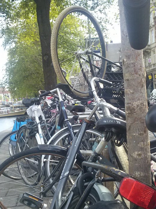 Overcast weather produces perfect light for great snaps - then you just need a good subject, like these bikes piled up alongside the canal in Amsterdam