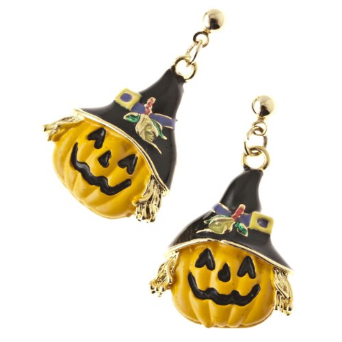 Halloween Costume Jewelry Happy Pumpkin Witch Face Dangle Earrings Gold Black
