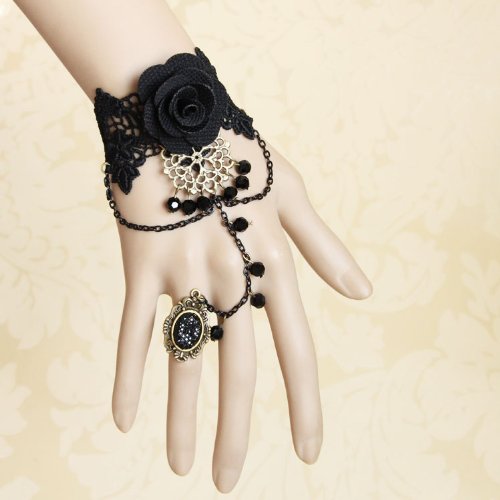 Fashion Handmade Vintage Rose Crystal Lace Wristband Bracelet with Ring Black