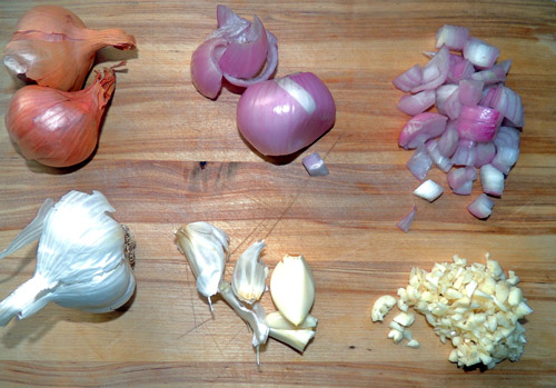 left to right, top to bottom: shallot & garlic prep. Keep the shallot chunks about ¼ inch in diameter, garlic minced more finely.