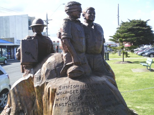 A statue of Simpson and his Donkey, a famous Australian Hero, rescuing injured Australian soldiers.