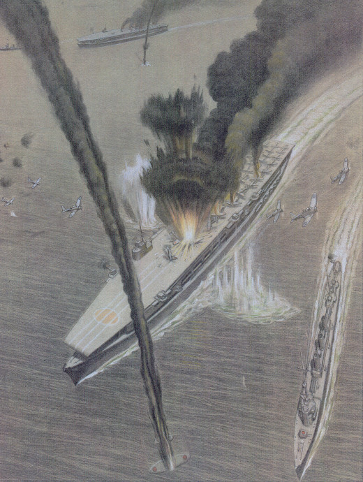 Battle of Midway Charcoal and pastel drawing depicting the attack on Akagi and Kagi.