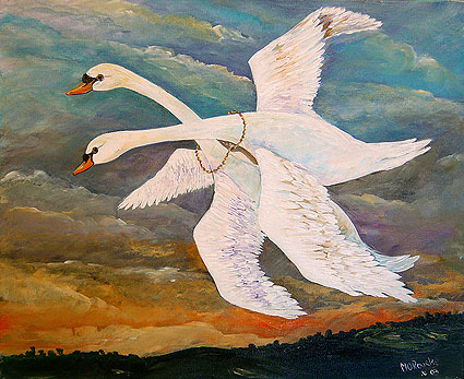 Midhir and Etain change into swans and fly away, pursued by an angry Eochaidh