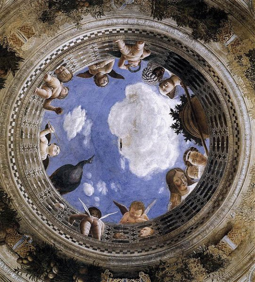 The Oculus on the ceiling of the Camera degli Sposi (1467 - 1474). The portrait of a man (maybe the self portrait of the artist) is hidden in the largest cloud.